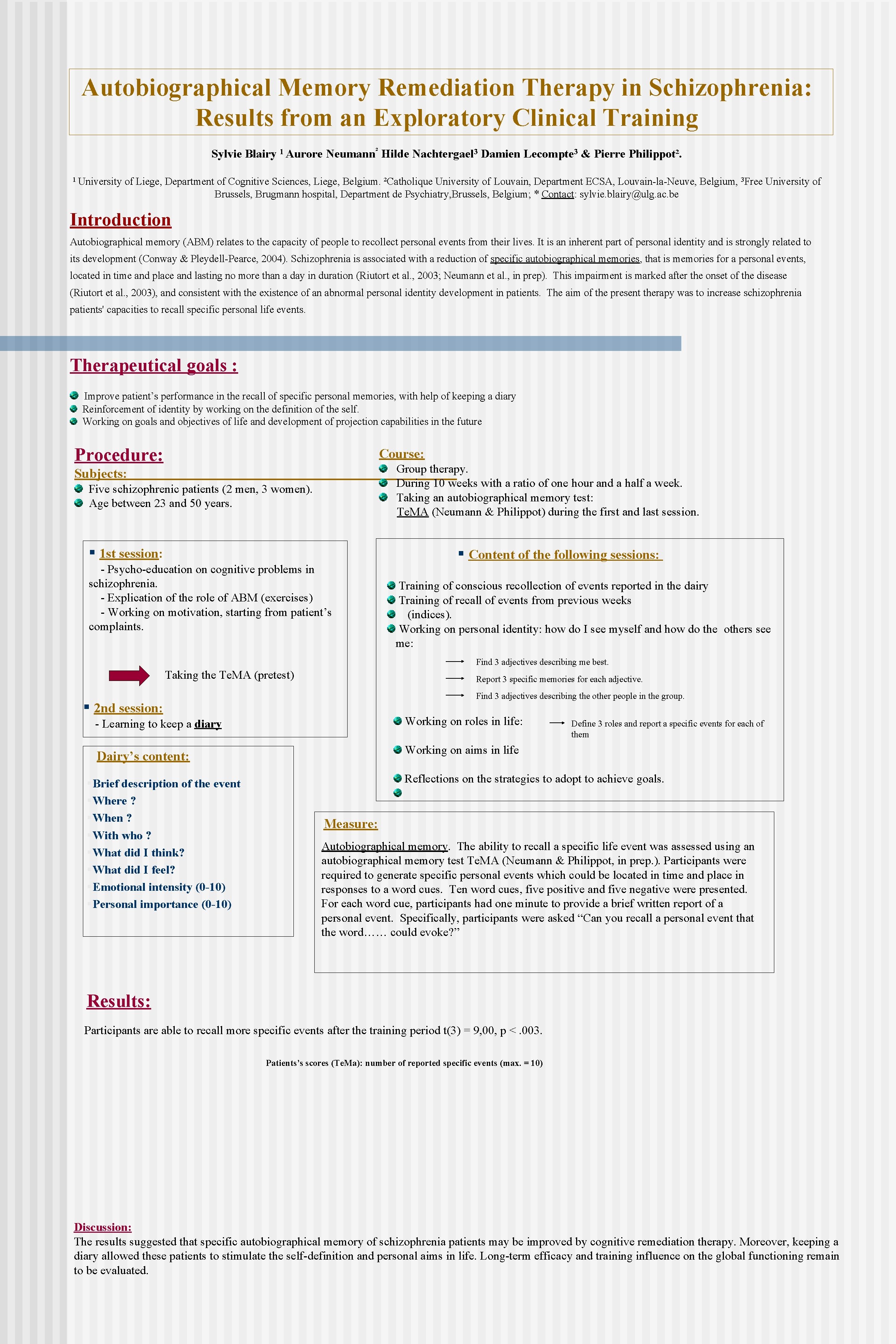 Autobiographical Memory Remediation Therapy in Schizophrenia: Results from an Exploratory Clinical Training Sylvie Blairy