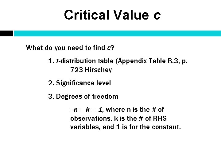 Critical Value c What do you need to find c? 1. t-distribution table (Appendix