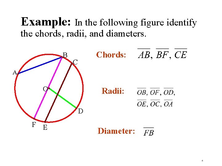 Example: In the following figure identify the chords, radii, and diameters. B Chords: C