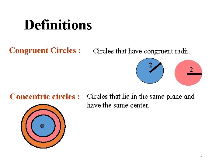 Definitions Congruent Circles : Circles that have congruent radii. 2 2 Concentric circles :