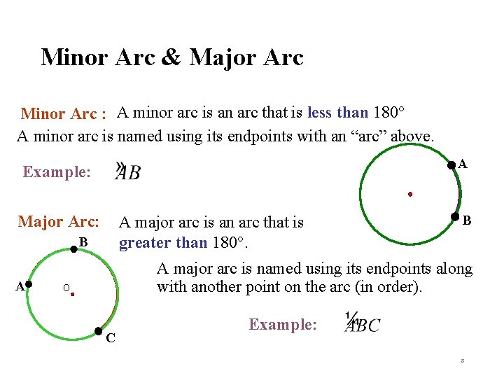 Minor Arc & Major Arc Minor Arc : A minor arc is an arc