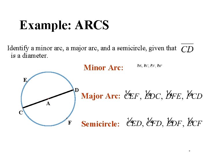 Example: ARCS Identify a minor arc, a major arc, and a semicircle, given that