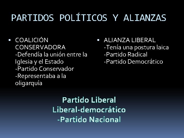 PARTIDOS POLÍTICOS Y ALIANZAS COALICIÓN CONSERVADORA -Defendía la unión entre la Iglesia y el