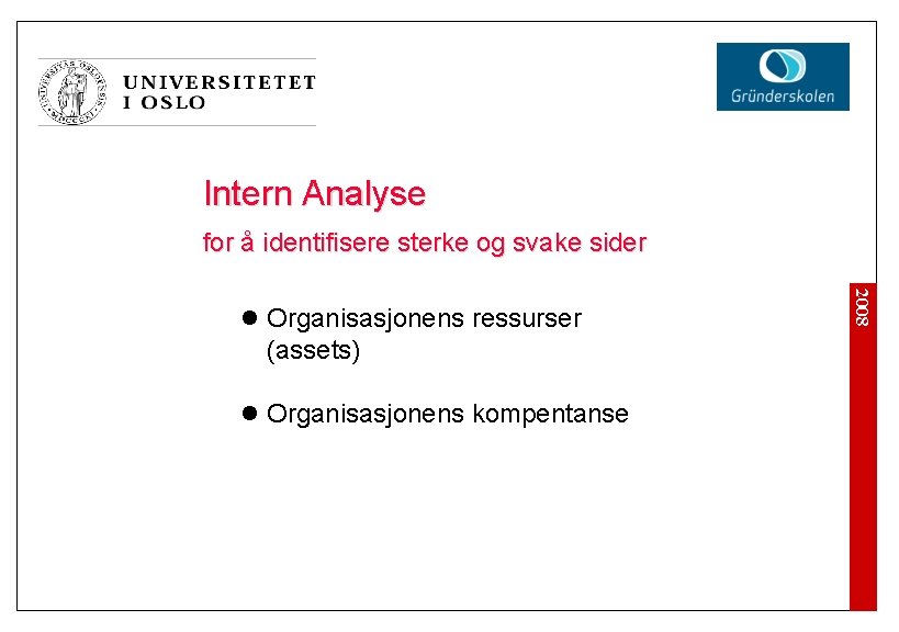 Intern Analyse for å identifisere sterke og svake sider l Organisasjonens kompentanse 2008 l