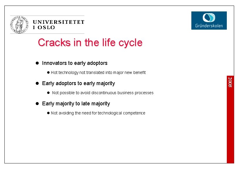 Cracks in the life cycle l Innovators to early adoptors l Hot technology not