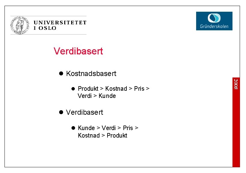 Verdibasert l Kostnadsbasert l Verdibasert l Kunde > Verdi > Pris > Kostnad >