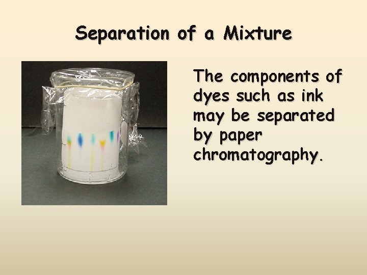 Separation of a Mixture The components of dyes such as ink may be separated