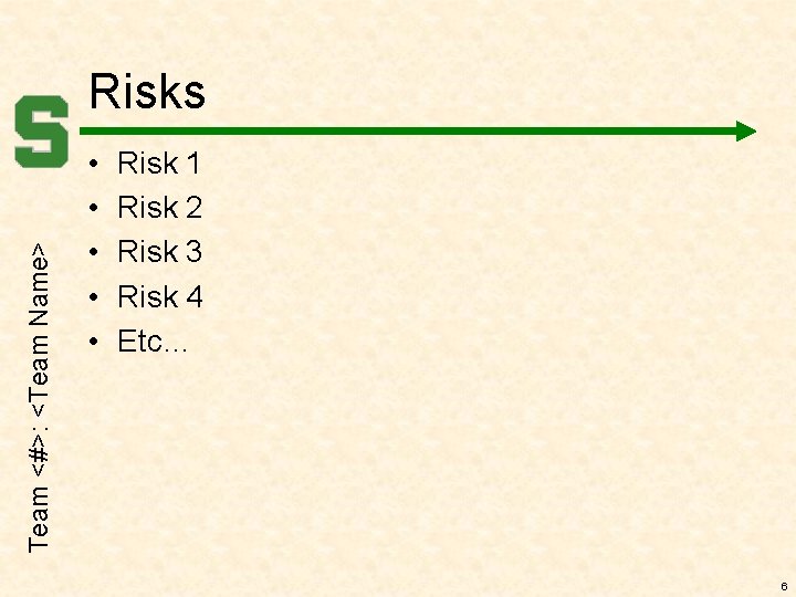 Team <#>: <Team Name> Risks • • • Risk 1 Risk 2 Risk 3