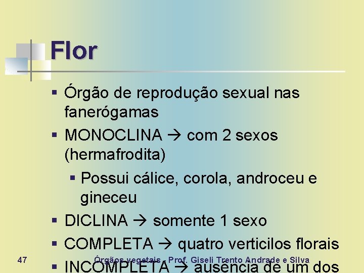 Flor 47 § Órgão de reprodução sexual nas fanerógamas § MONOCLINA com 2 sexos