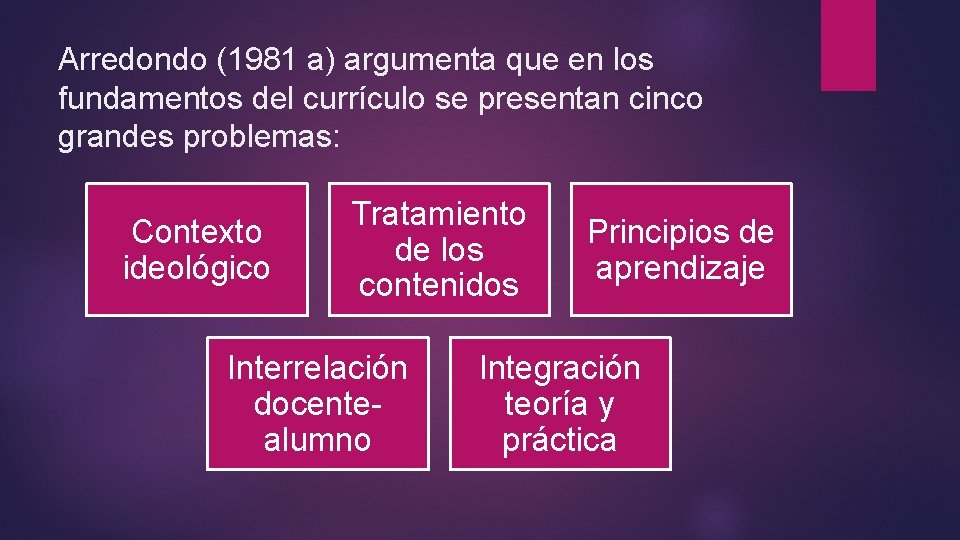 Arredondo (1981 a) argumenta que en los fundamentos del currículo se presentan cinco grandes