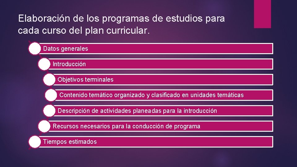 Elaboración de los programas de estudios para cada curso del plan curricular. Datos generales