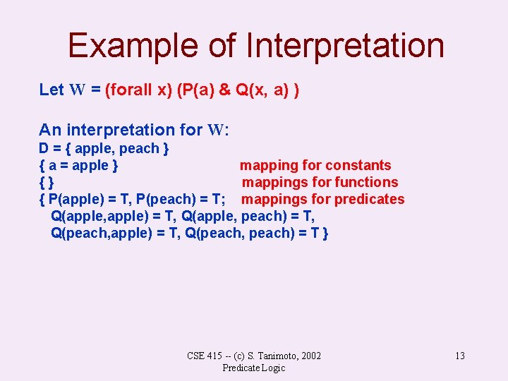 Example of Interpretation Let W = (forall x) (P(a) & Q(x, a) ) An