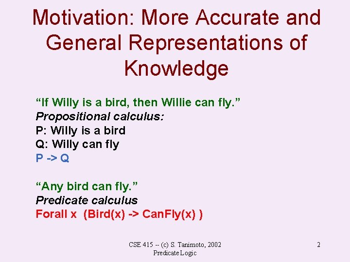 Motivation: More Accurate and General Representations of Knowledge “If Willy is a bird, then