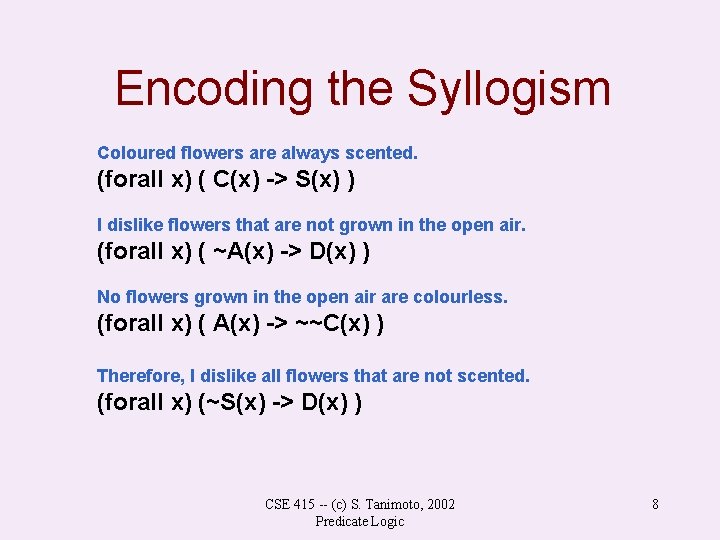 Encoding the Syllogism Coloured flowers are always scented. (forall x) ( C(x) -> S(x)
