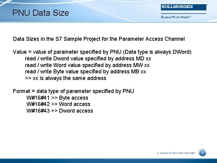 PNU Data Sizes in the S 7 Sample Project for the Parameter Access Channel
