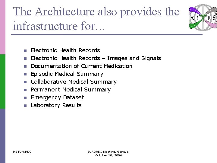 The Architecture also provides the infrastructure for… n n n n Electronic Health Records