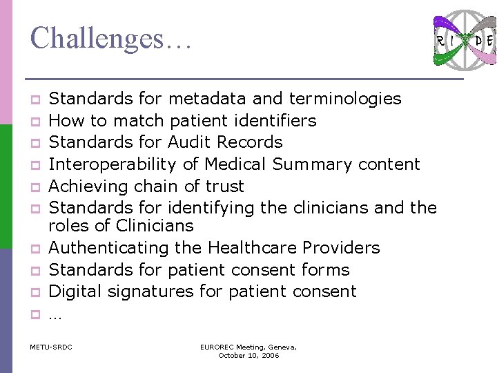Challenges… p p p p p Standards for metadata and terminologies How to match