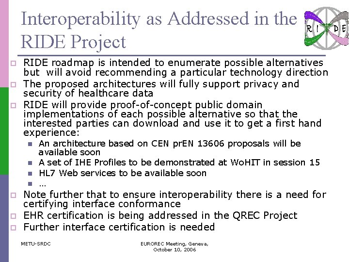 Interoperability as Addressed in the RIDE Project p p p RIDE roadmap is intended