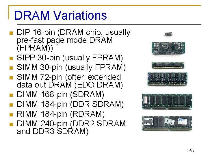 DRAM Variations n n n n DIP 16 -pin (DRAM chip, usually pre-fast page