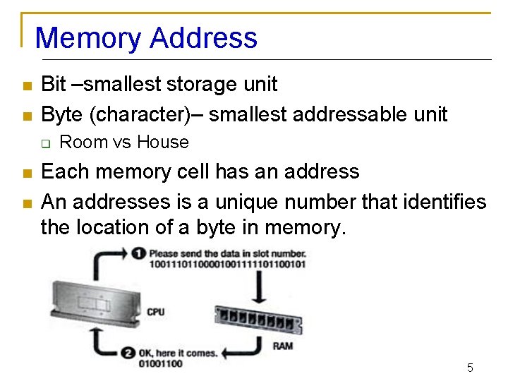 Memory Address n n Bit –smallest storage unit Byte (character)– smallest addressable unit q