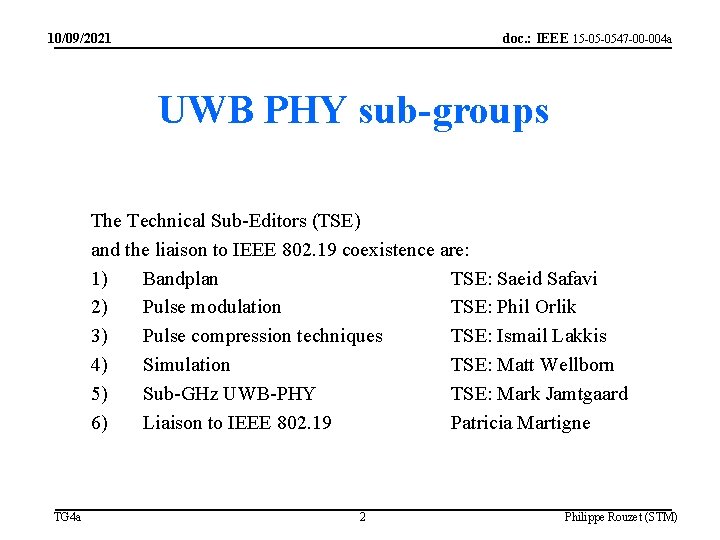 10/09/2021 doc. : IEEE 15 -05 -0547 -00 -004 a UWB PHY sub-groups The