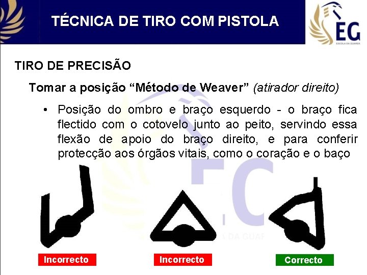 TÉCNICA DE TIRO COM PISTOLA TIRO DE PRECISÃO Tomar a posição “Método de Weaver”