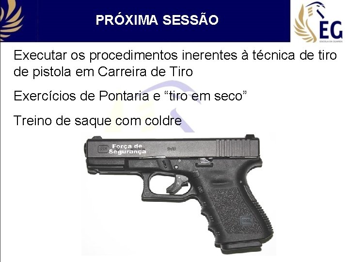 PRÓXIMA SESSÃO Executar os procedimentos inerentes à técnica de tiro de pistola em Carreira