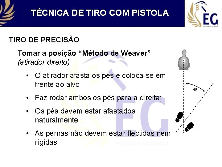 TÉCNICA DE TIRO COM PISTOLA TIRO DE PRECISÃO Tomar a posição “Método de Weaver”