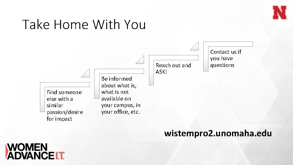 Take Home With You Find someone else with a similar passion/desire for impact Be