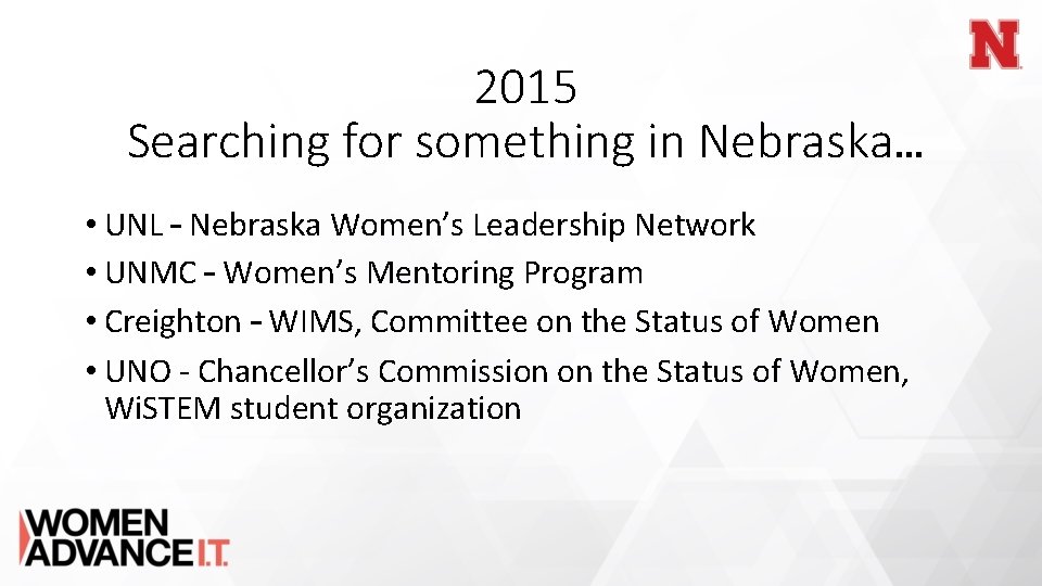 2015 Searching for something in Nebraska… • UNL – Nebraska Women’s Leadership Network •
