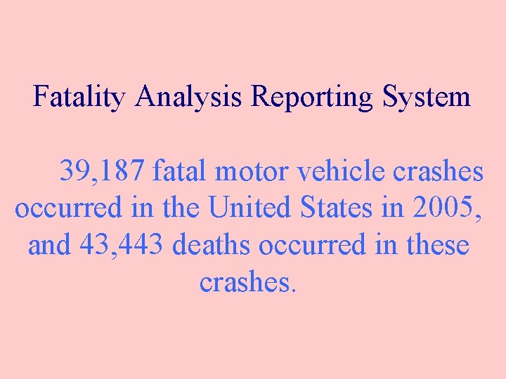 Fatality Analysis Reporting System 39, 187 fatal motor vehicle crashes occurred in the United