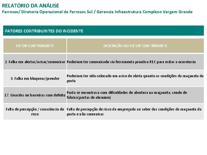 RELATÓRIO DA ANÁLISE Ferrosos/ Diretoria Operacional de Ferrosos Sul / Gerencia Infraestrutura Complexo Vargem