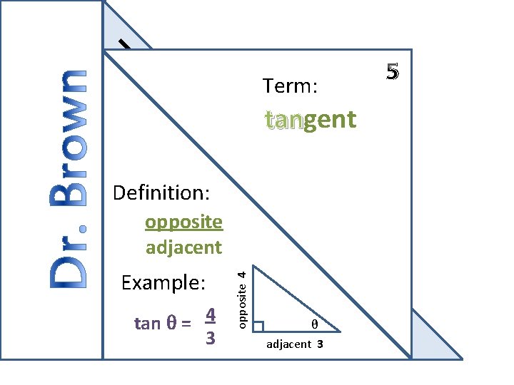 Term: tangent tan Definition: Example: tan θ = 4 3 opposite 4 opposite adjacent