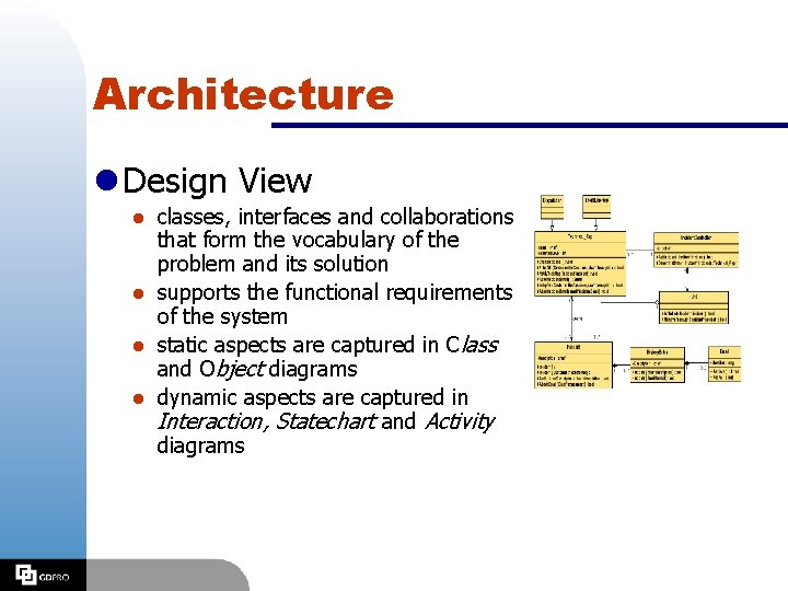 Architecture l Design View classes, interfaces and collaborations that form the vocabulary of the