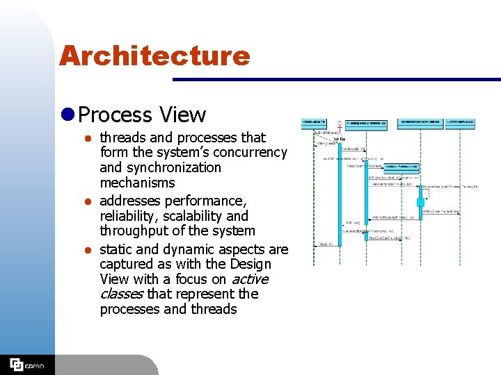 Architecture l Process View threads and processes that form the system’s concurrency and synchronization