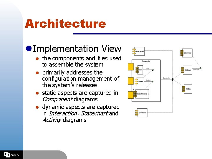 Architecture l Implementation View the components and files used to assemble the system l