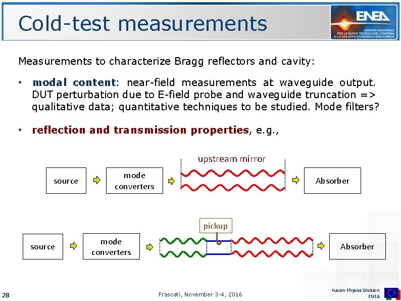 Cold-test measurements Measurements to characterize Bragg reflectors and cavity: • modal content: near-field measurements