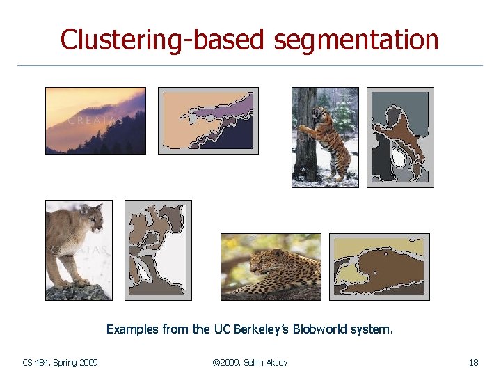 Clustering-based segmentation Examples from the UC Berkeley’s Blobworld system. CS 484, Spring 2009 ©