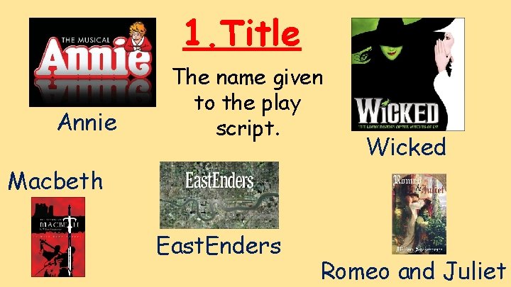 1. Title Annie The name given to the play script. Wicked Macbeth East. Enders
