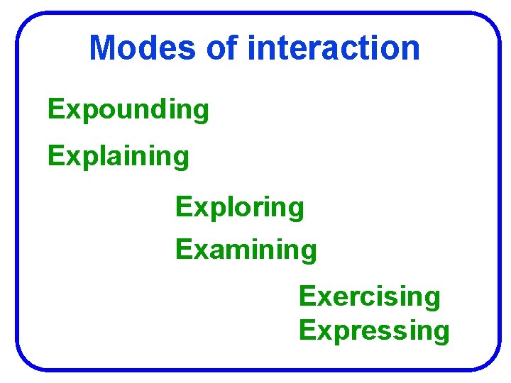 Modes of interaction Expounding Explaining Exploring Examining Exercising Expressing 