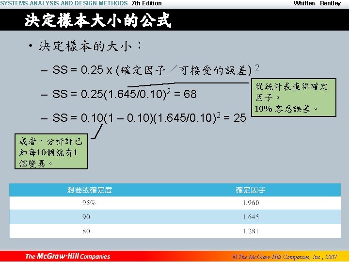 SYSTEMS ANALYSIS AND DESIGN METHODS 7 th Edition Whitten Bentley 決定樣本大小的公式 • 決定樣本的大小： –