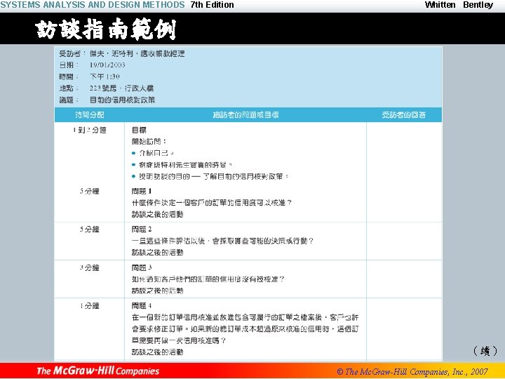 SYSTEMS ANALYSIS AND DESIGN METHODS 7 th Edition Whitten Bentley 訪談指南範例 （續） © The