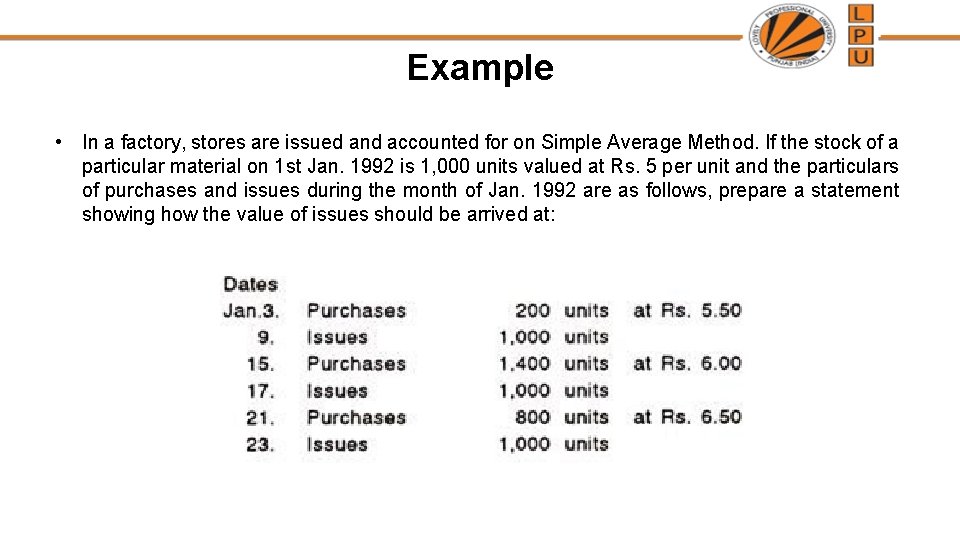 Example • In a factory, stores are issued and accounted for on Simple Average