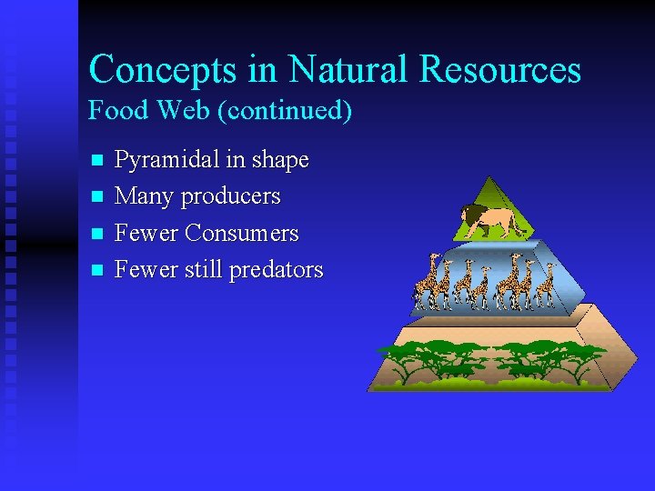 Concepts in Natural Resources Food Web (continued) n n Pyramidal in shape Many producers