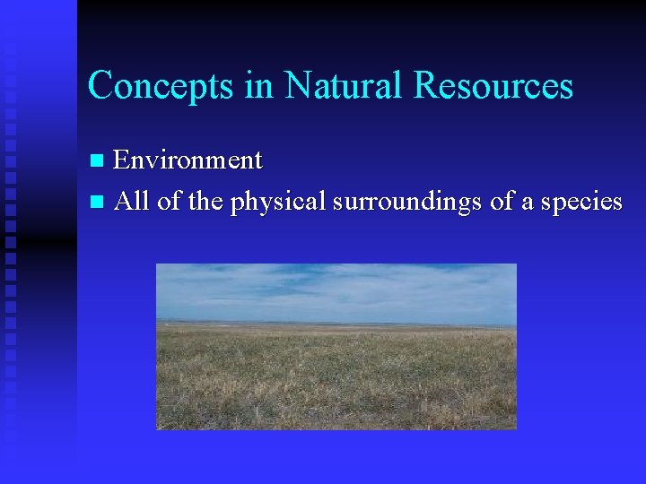 Concepts in Natural Resources Environment n All of the physical surroundings of a species