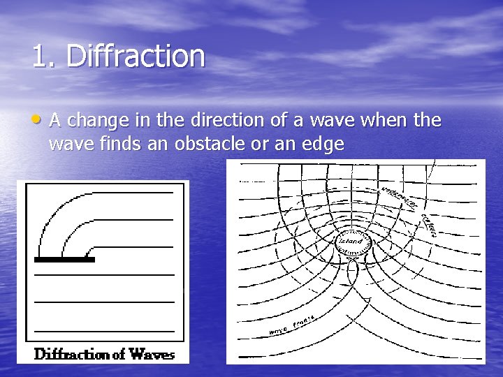 1. Diffraction • A change in the direction of a wave when the wave 1. Diffraction • A change in the direction of a wave when the wave