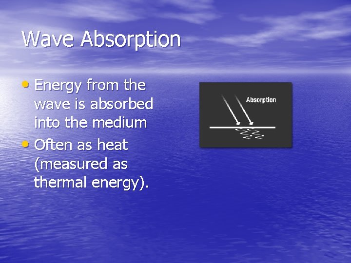 Wave Absorption • Energy from the wave is absorbed into the medium • Often Wave Absorption • Energy from the wave is absorbed into the medium • Often