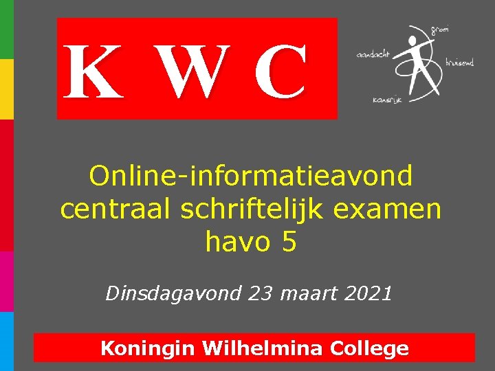 KWC Online-informatieavond centraal schriftelijk examen havo 5 Dinsdagavond 23 maart 2021 Koningin Wilhelmina College