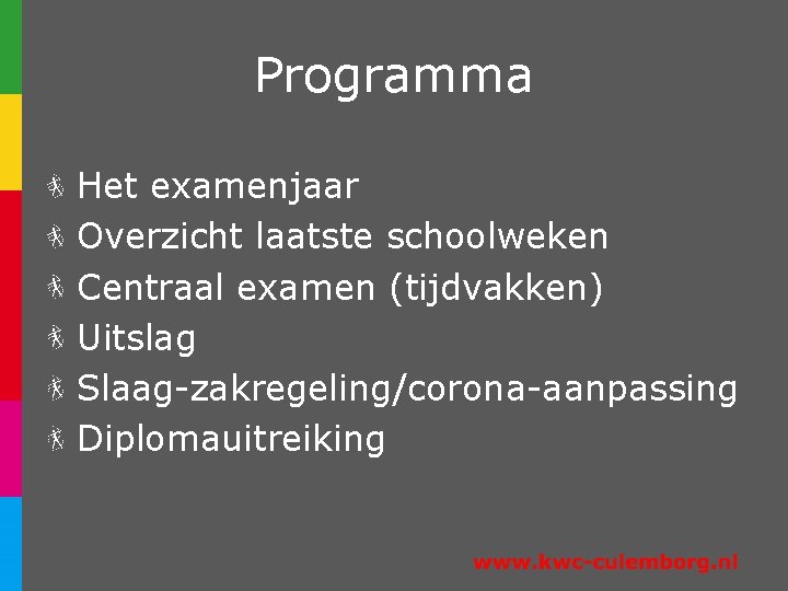 Programma Het examenjaar Overzicht laatste schoolweken Centraal examen (tijdvakken) Uitslag Slaag-zakregeling/corona-aanpassing Diplomauitreiking 