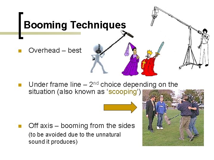 Booming Techniques n Overhead – best n Under frame line – 2 nd choice